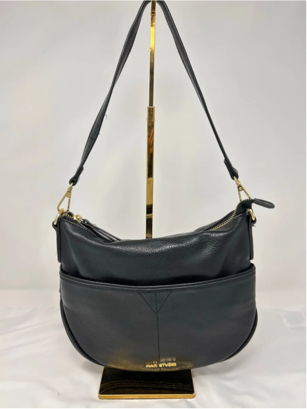 Max Studio Black Faux Leather Hobo Shoulder Bag Gold Hardware
